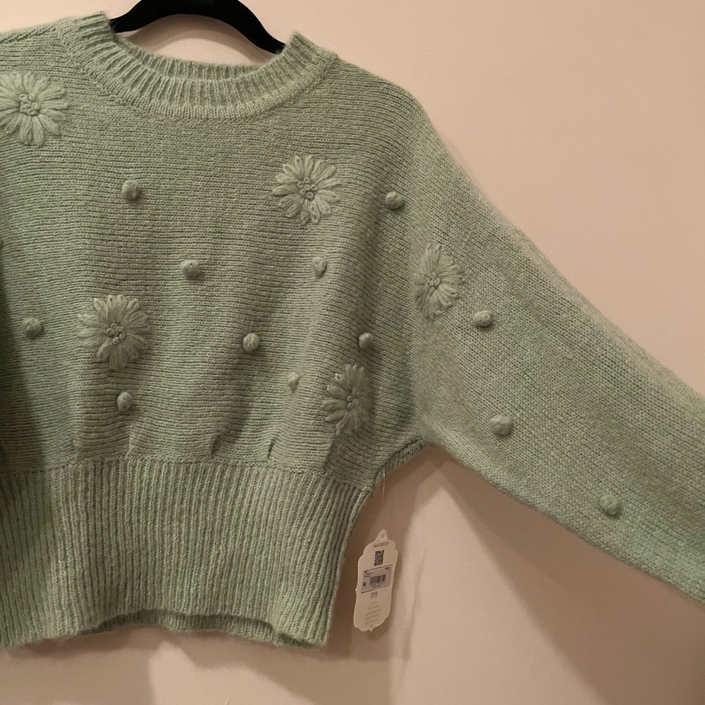 NWT Altar’d State knit seafoam sweater flower and ball details